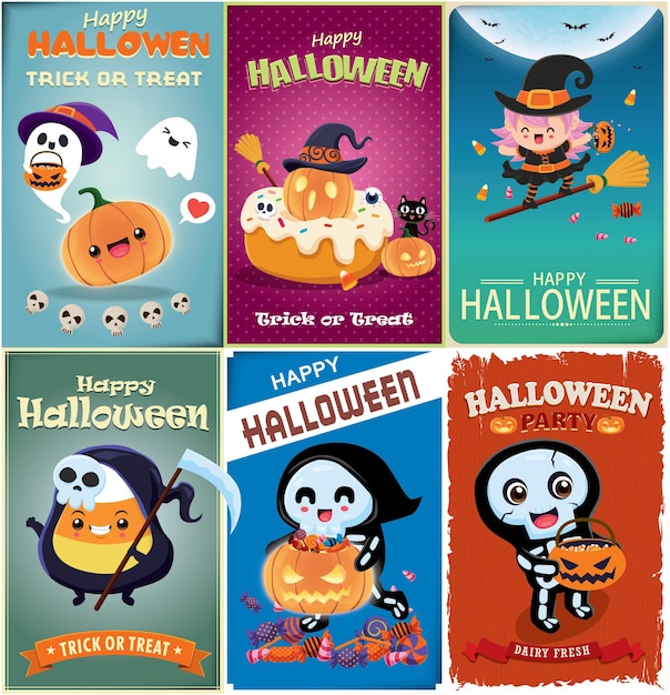 Vintage Halloween posterontwerp met vector heks reaper skelet vleermuis kat karakter