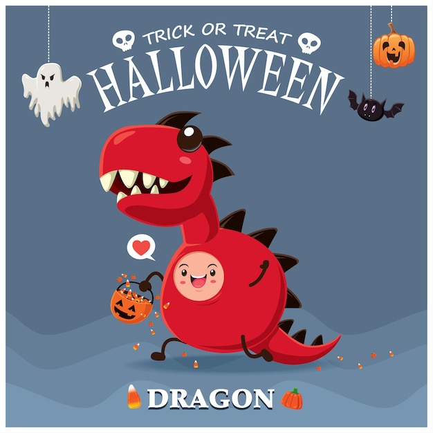 Vintage Halloween posterontwerp met vector monster draak karakter