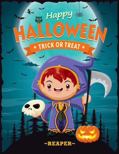 Vintage Halloween posterontwerp met vector reaper karakter.