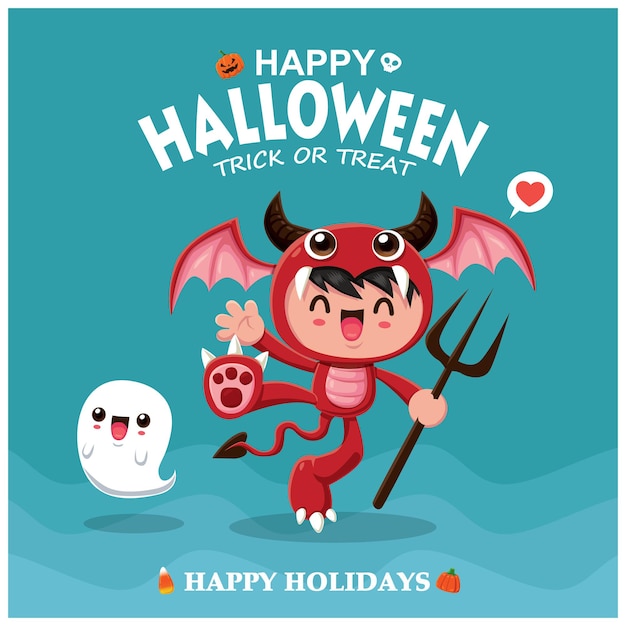 Vintage Halloween-posterontwerp met vectordemonkarakter