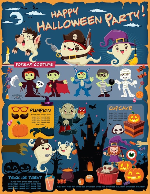 Vintage Halloween-posterontwerp met vectorspook, vampier, heks, wolfman, mummie, duivelskarakter.