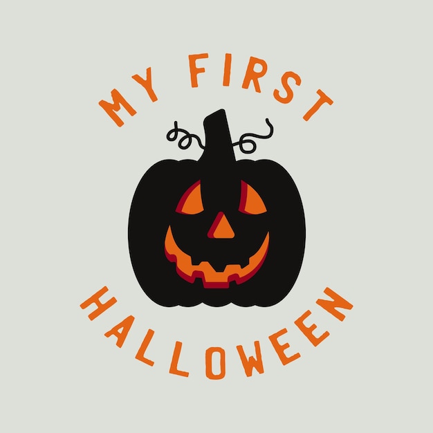 Grafica vintage tipografia di halloween con zucca e testo di citazione - il mio primo halloween. etichetta emblema carino vacanza. autoadesivo di vettore di riserva.