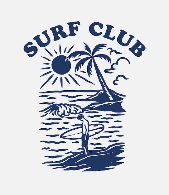 Vettore illustrazione dell'etichetta del club di surf di tiraggio della mano dell'annata