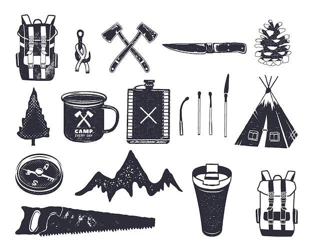 Vintage hand drawn adventure hiking, camping shapes of backpack, saw, mountain, matches, tree, knife, thermo cup and others. retro monochrome design. can be used for t shirts, prints. stock vector