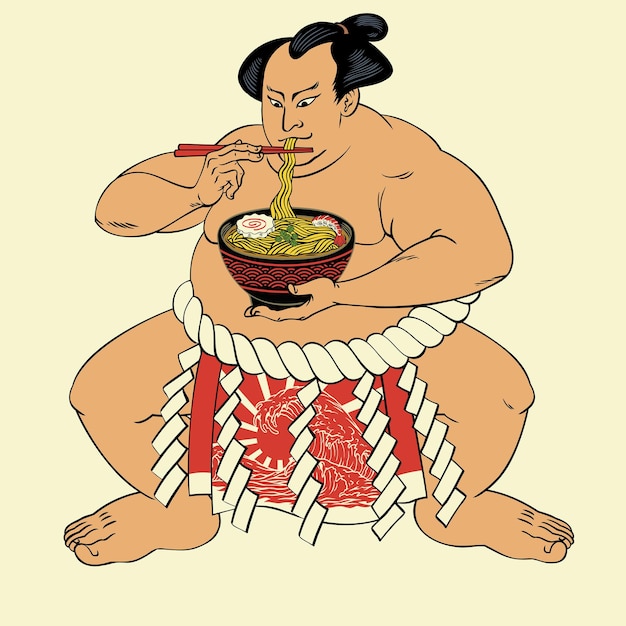 Vettore l'arte disegnata a mano dell'annata di sumo mangia il delizioso ramen nell'illustrazione di stile edo