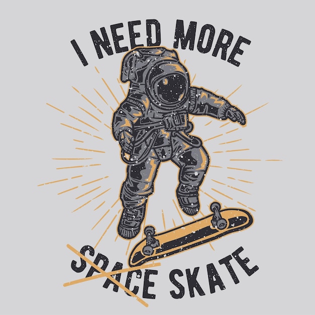 Astronauta disegnata a mano vintage che fa trucchi con lo skateboard con effetto grunge e sfondo di burst della stella