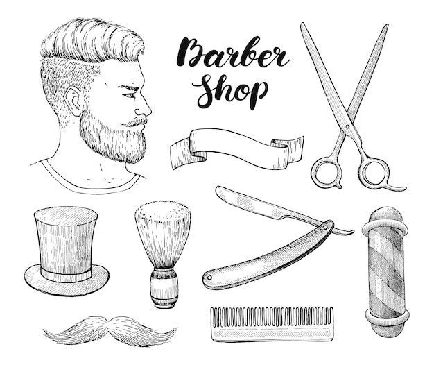 Vector vintage hand drawn barber shop set. detailed illustration