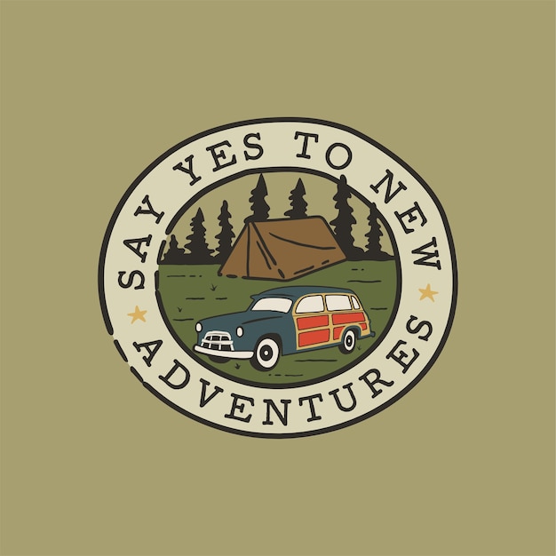 Vintage hand drawn camping logo patch with camp car, forest landscape.