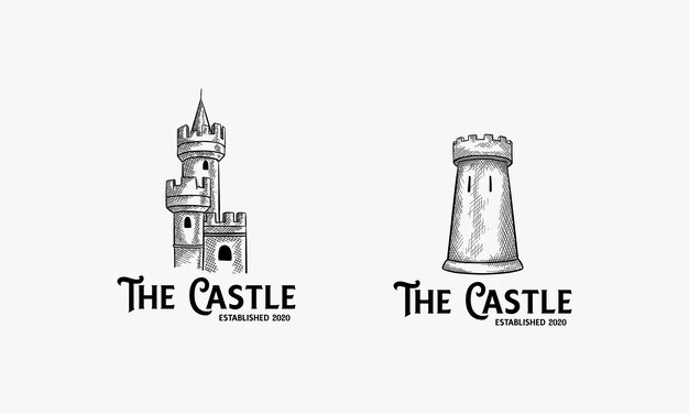 Vintage hand drawn castle logo designs template vector