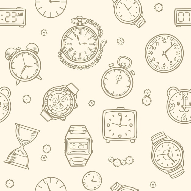 Vintage hand drawn clocks and watches. Time vector seamless pattern. Illustration of clock drawing, time seamless pattern