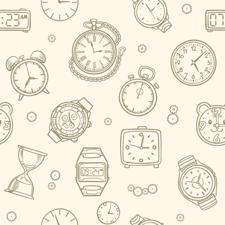 Vector vintage hand drawn clocks and watches. time vector seamless pattern. illustration of clock drawing, time seamless pattern