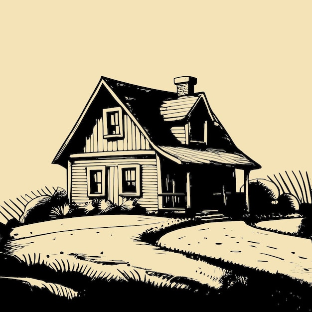 Vector vintage hand drawn family house line art village house