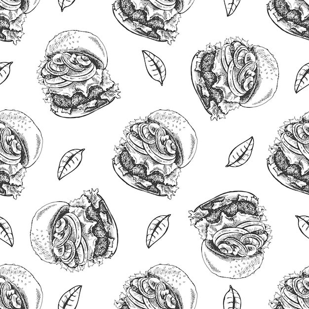 モノクロ ハンバーガーと葉のヴィンテージ手描きファーストフード シームレス パターン