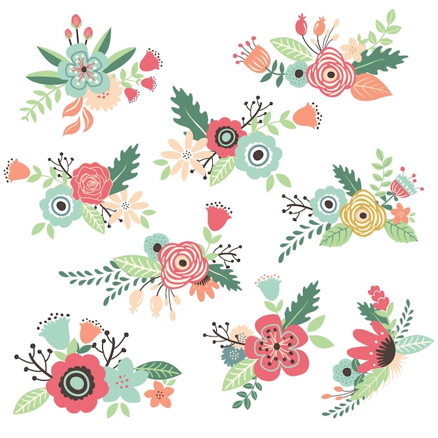 Vector vintage hand drawn flowers bouquet set