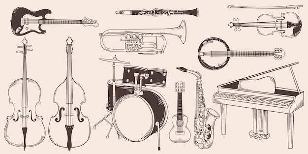 Vector vintage hand drawn guitar traveler grand piano electric guitar drum set contra bass clarinets cello zither violin trumpet saxophone in vintage engraved style isolated on white background front view