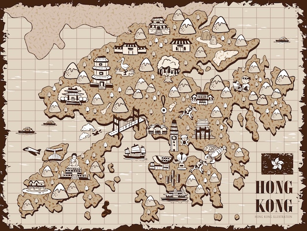 Vector vintage hand drawn hong kong travel map