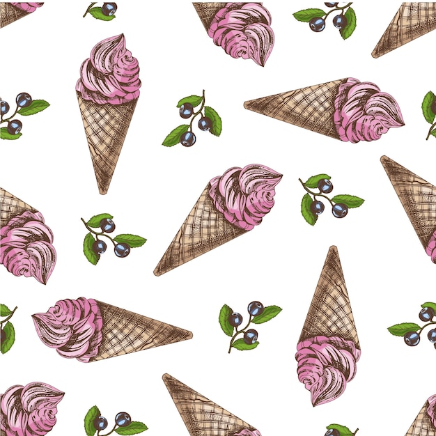 Vintage hand drawn ice cream seamless pattern of ocolored waffle cones with ice cream