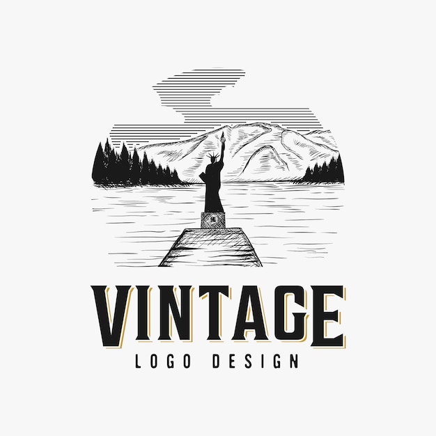 Vintage hand drawn lake logo design inspiration