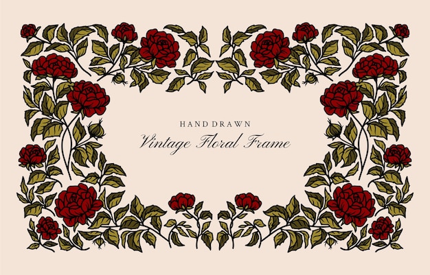 Vintage Hand Drawn Linear Floral Frame Vector Illustration Arrangement with Rose and Leaf Branch