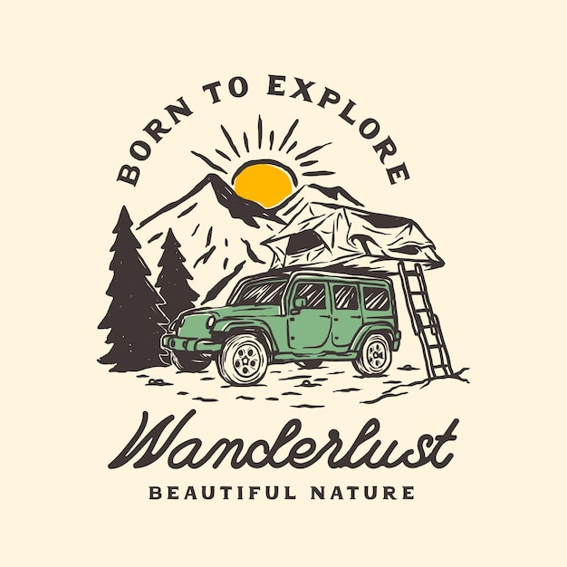 Винтажный ручной рисунок логотипа Mountain Camper Car Adventures