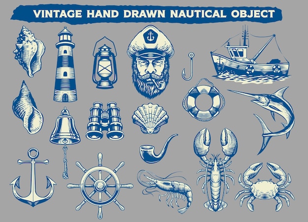 Vettore oggetto nautico disegnato a mano dell'annata