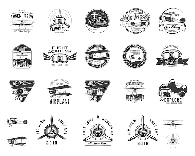 Vector vintage hand drawn old fly stamps. travel or business airplane tour emblems. biplane academy labels. retro aerial badge isolated. pilot school logos. plane tee design, prints, web design. stock vector