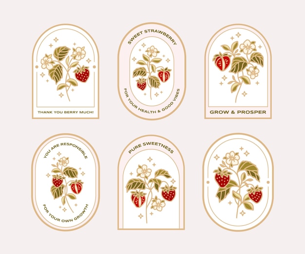 Pianta di fragola organica disegnata a mano vintage e collezione di badge con etichetta adesiva floreale con citazioni