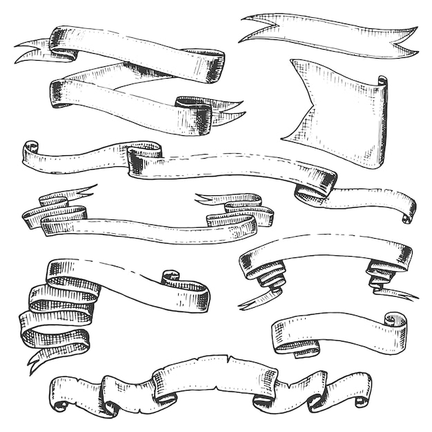 벡터 책을 위한 빈티지 손으로 그린 리본 플래그 또는 배너 요소 또는 기호에 대한 다른 오래된 디자인에 새겨진 붓글씨 부분