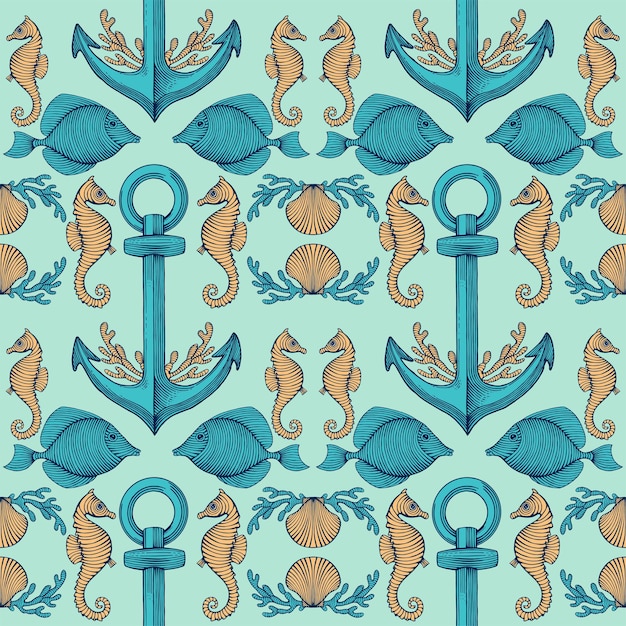 Vintage hand drawn seamless pattern with sea creatures sea life background decorative wallpaper