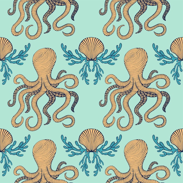 Vintage Hand drawn Seamless pattern with sea creatures Sea life background Decorative wallpaper