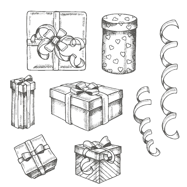 Vintage hand drawn set of doodle gifts box and packages isolated on white