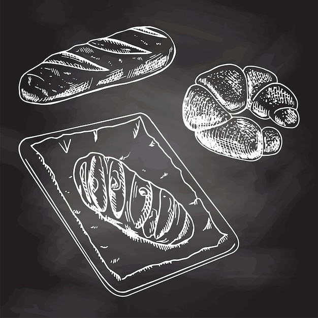 Vector vintage hand drawn sketch bakery set, bread and pastry, isolated on black chalkboard