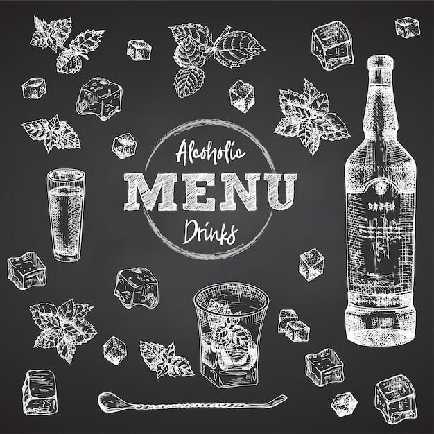 Vintage hand drawn sketch design bar restaurant cafe cover menu on black chalk board background graphic vector art whiskey with ice and mint