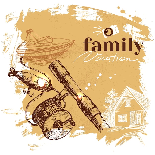 Винтажный нарисованный вручную эскиз семейного отдыха фон плакат для побега векторная иллюстрация