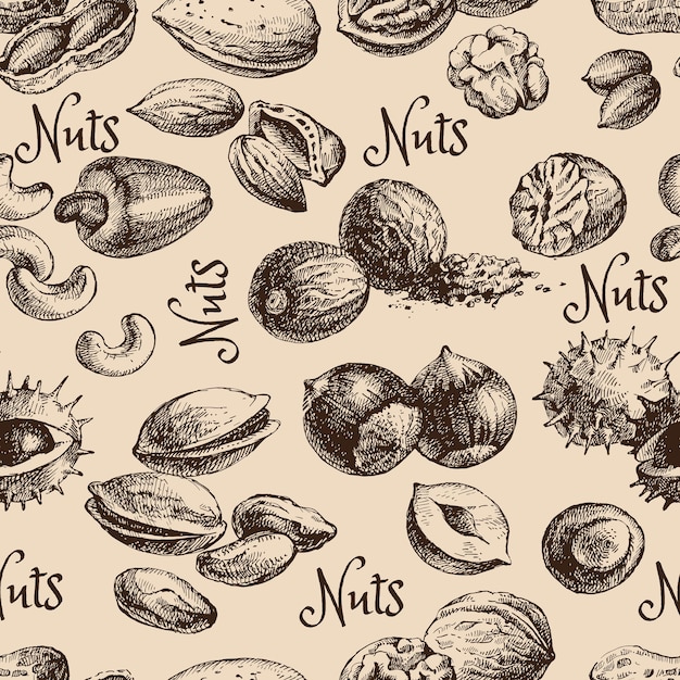 Vintage hand drawn sketch nuts seamless pattern Vector illustration