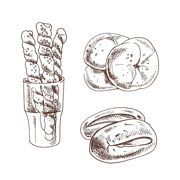 白い背景の上のパンとパンのヴィンテージ手描きのスケッチ
