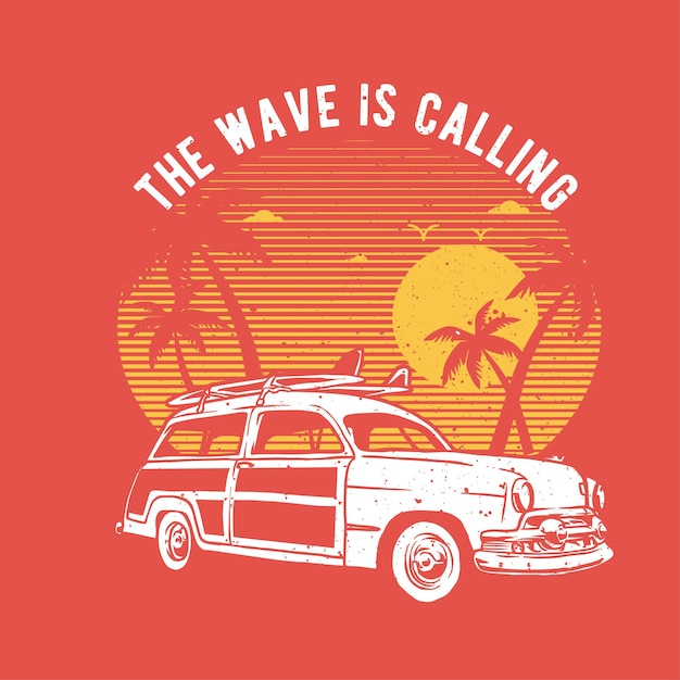 Vintage hand drawn surfer car in beach with grunge effect and star burst background