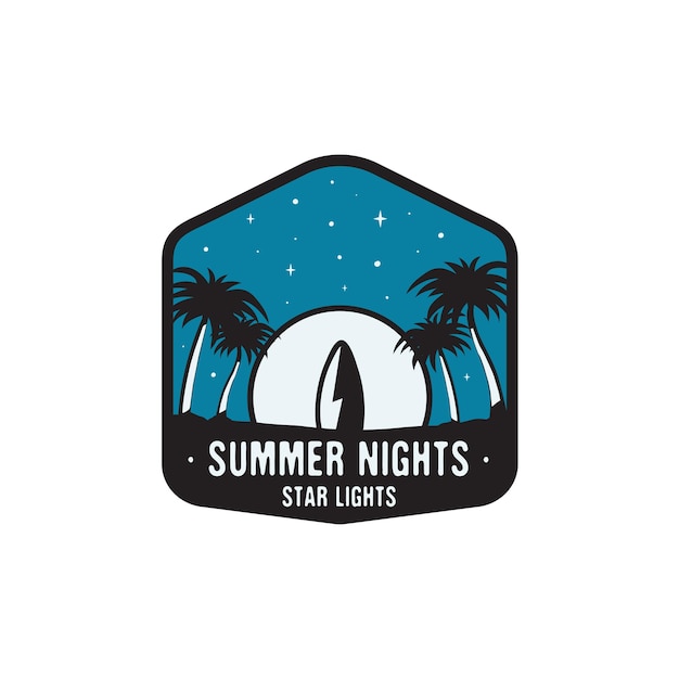 Vintage hand drawn surfing badge and travel concept for print, t-shirt, posters. beach with palm trees and moon. retro summer logo, unusual badge. summer nights star lights. stock vector.