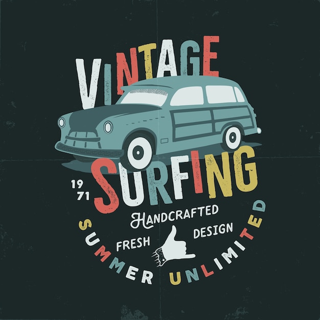 Vettore vintage disegnati a mano illustrazione surf