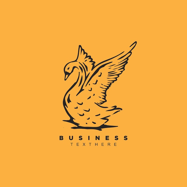 Винтажный вручную нарисованный лебедь на пруду дизайн логотипа изолирован на желтом фоне