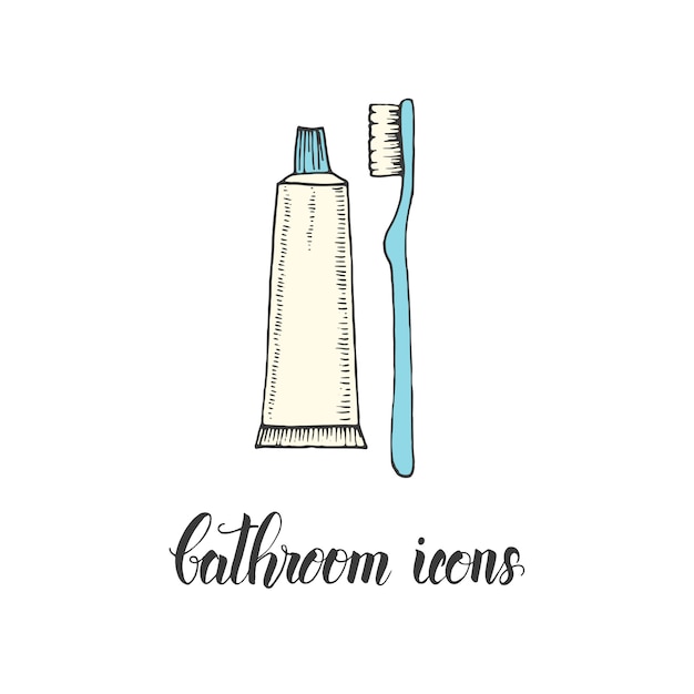 Vintage hand drawn  toothbrush and toothpaste in a sketch style. 