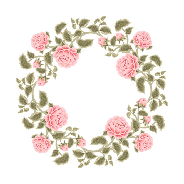 葉の枝と花のつぼみとヴィンテージ手描きの結婚式の桃のバラの花のフレームの花輪
