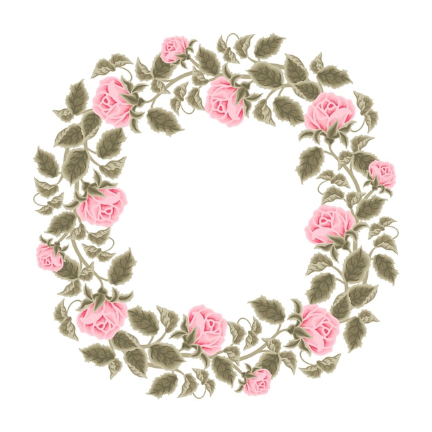 Vettore corona di fiori rosa rosa shabby chic da sposa vintage disegnata a mano con ramo di foglia e bocciolo floreale
