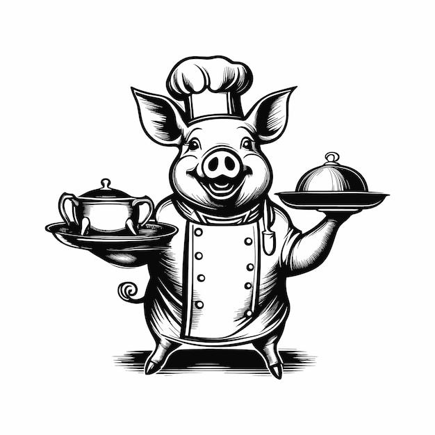 Vintage hand drown pig chef vector sketch