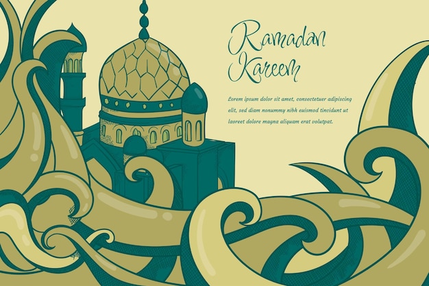 Vintage hand getekend ornament met moskee in groen ontwerp voor ramadan kareem sjabloon