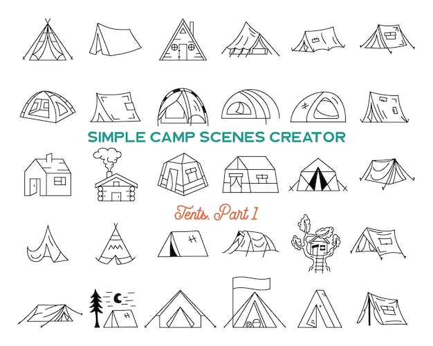 Vintage hand getrokken tenten pictogrammen bundel. Eenvoudige lijntekeningen. Camping huizen symbolen. Voorraad vector geïsoleerde avontuur elementen en symbolen.