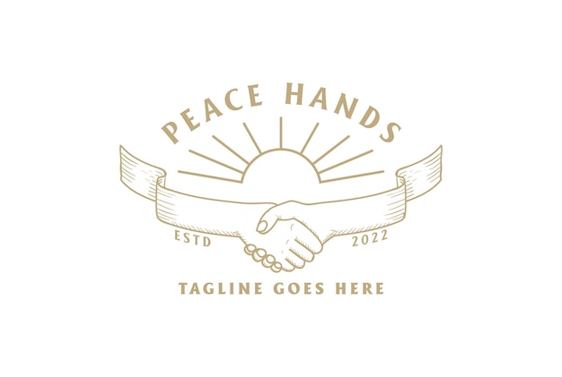 평화 거래 커뮤니티 화합 팀워크 로고 디자인을 위한 황금 태양이 있는 빈티지 악수 리본