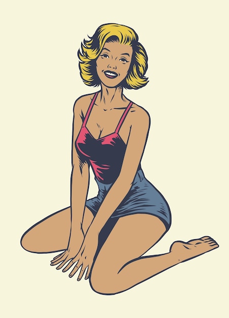 Vector vintage hand tekenen pinup meisje zit op de vloer