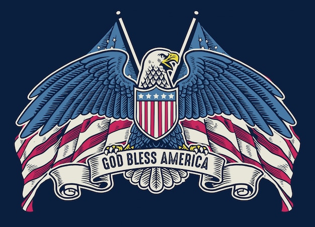 Vector vintage handdrawn american eagle with flag as background