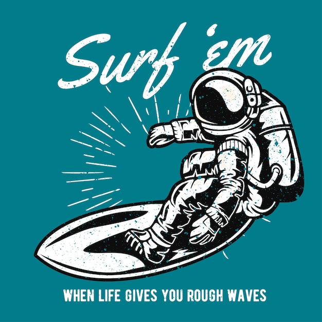 Vintage handgetekende astronaut surfen met grunge effect en star burst background